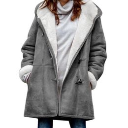 Women's Jackets Coat Jacket Cow Horn Buckle Pockets Solid Colour Fleece Lined Hooded Overcoat Outerwear Winter Clothes Women Plus Size