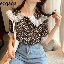 Ezgaga Sweet Blouse Women Lace Patchwork Peter Pan Collar Spring Summer Short Sleeve All-Match Floral Printed Shirts Casaul 210430