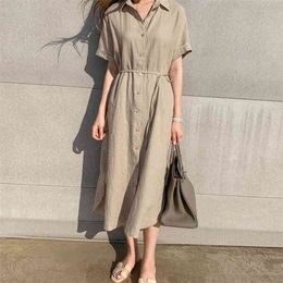 Women's Summer Dress Korean Style Pure Color Tie Waist Shirt Loose and Thin Short-sleeved Female es LL770 210506