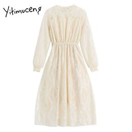 Yitimuceng Lace Dresses for Women A-Line Solid White Spring Long Sleeve High Waist Puff Sleeve V-Neck Fashion Office Lady 210601