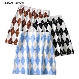 Sexy Geometric Check Plaid Knitted Mini Short Package Hips Skirt Retro Women Elastic High Waist Skirts Stretch Tight 210429