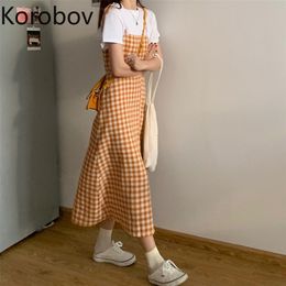 Korobov New Summer Women Dress Korean Spaghetti Strap Female Dresses Preppy Style Vintage Plaid Vestidos Femme 210430