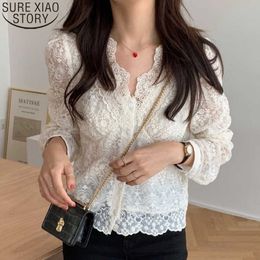 Thin Lace Shirt Korean Chic Long Sleeve Tops Women Lace Blouse Blusas Mujer De Moda Verano Autumn V-neck Clothes 14683 210527