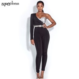 Free Women's Sequined Jumpsuit Sexy V-neck One Shoulder Long Sleeve Halter Bodycon Club Party Pencil 210524