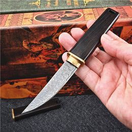 New Listing VG10 Damascus Steel Blade Straight Knife Drop Point Blades Brass + Ebony Handle Knives With Wood Sheath