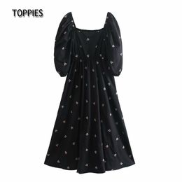 Toppies Women Embroidered Dress Female Short Sleeve Maxi Dresses Sexy Square Collar Puff Sleeve Blouses 210412