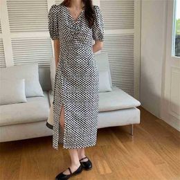 Polka Dots V-Neck Lace-Up Lady Chic Summer Split Dress Slim Long Dresses Femme Sexy Girls Plus Size Vestidos 210525