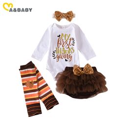 0-18M Thanksgiving Day born Infant Baby Girls Clothes Set Letter Long Sleeve Romper Tutu Skirts Outfits 210515