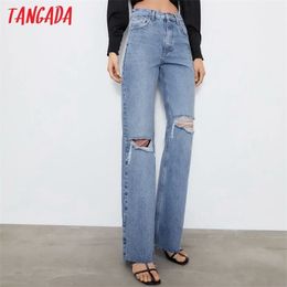 Tangada Fashion Women Hollow Ripped Blue Denim Jeans Pants Trousers High Waist Lady Pants Pantalon 4M02 210730