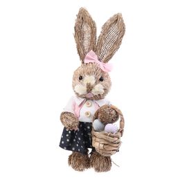 14" Artificial Straw Bunny Standing Rabbit with Carrot Home Garden Decoration Easter Theme Party Supplies 210408