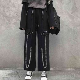 QWEEK Gothic Harajuku Cargo Pants Women Punk Chain Wide Leg Korean Style Oversized Streetwear Trousers Female Techwear Emo 210925