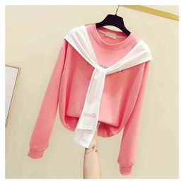 Autumn Fashion Women's O Neck Letter Print Long Sleeves Patchwork Scarf T-Shirt Tee Female Pullover Casual Tops Tees A3972 210428