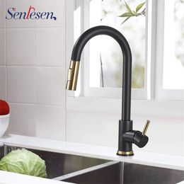 Senlesen Kitchen Sink Faucet Pull Out Sprayer Nozzle Black Gold Faucet Deck Mount and Cold Water Single Hanlde Kitchen Sink 211108