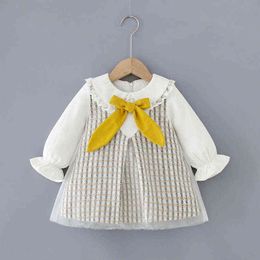 NEW Girls Cute Bow Dress Spring Lapel Fashion Long-sleeved Princess Plaid Party Dress Kids baby girl cloths G1129