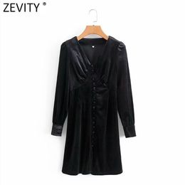 Women Vintage V Neck Buckles Velvet Slim Mini Dress Lady Pleats Long Sleeve Side Zipper Chic Business Vestido DS4769 210420