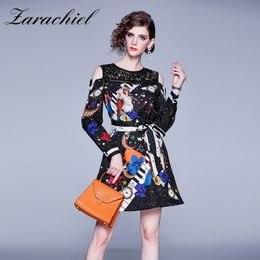 Autumn Fashion Designer Off Shoulder Patchwork Women's Long Sleeve Star Cartoon Printed Vintage Mini Dress With Belt 210416