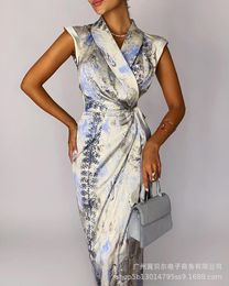 Casual Dresses 2021 Fashion Snake Print For Women Elegant Turn-down Collar High Waist Split Dress Lace Up Vestidos