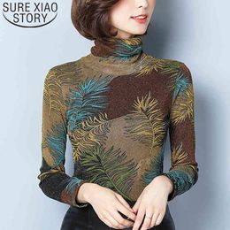 Autumn Printing Blouses Long Sleeve Turtleneck Gauze Net Large Size Casual Clothing Women Tops 5671 50 210415