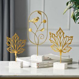 Creative Gold Leaf Home Decoration Accessories For Living Room Modern Flowers Miniature Metal Figurines Wooden Office Desk Decor 210607