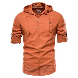 Design Hoodied Long Sleeve Linen Shirt Men Solid Color 100% Cotton Quality Pullover Shirt for Men Streetwear Men's Shirts 210628