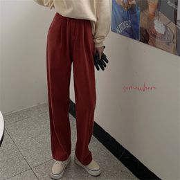 Red-Wine Large Size Women Office Lady Slim Straight Trousers Chic Loose-fitting Casual Cotton All Match Pants 210421