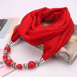 Spring Autumn Fancy Bead Pendant Necklace Ring Scarf Women Chiffon Scarf Hijabs with Pendant Foulard Femme Accessories Scarf Y1108