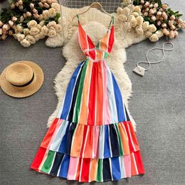 Summer Casual Female Patchwork Colorful Beach Dress Sexy Women Spaghetti Strap Backless Long Fairy 210430