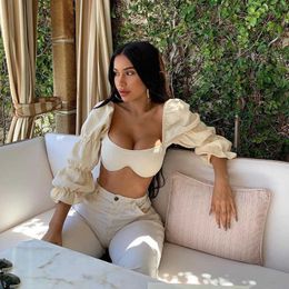 French Romance Apricot Crop Tops Women Autumn Sexy High Cut Out Bra Top Long Sleeve Shirt Ladies Casual Solid Top Beach Top 210709