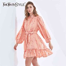 Elegant Patchwork Embroidery Women's Dress For Women Lapel Long Sleeve High Waist Bowknot Print Pink Dresses Female 210520