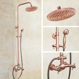 Antique Red Copper Brass Dual Cross Handles Bathroom 8" Round Rain Shower Head Faucet Set Bath Mixer Tap Wall Mounted mrg523 X0705