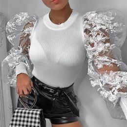 Patchwork Lace Puff Sleeve Blouse Shirts Women O Neck Fashion Autumn Rib Knitted White Sweater Tops Sexy Vintage Tees Shirts 220310