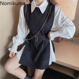 Nomikuma Women Elegant Two Pieces Sets Medium-long Blouse Shirt + Belst Slim Knitted Vest Korean Spring New Outfits 6E090 210427