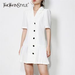 Casual White Pleated Dress For Women Notched Short Sleeve High Waist Mini Dresses Females Summer Fashion Style 210520