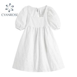 French White Mini Dress Square Collar Vintage Loose Crop For Ladies Elegant Puff Short Sleeve Sweet Vestidos Mujer 210515