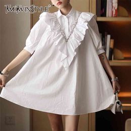 Casual Ruffle Patchwork Diamonds Dress For Women Lapel Puff Short Sleeve High Waist White Mini Dresses Female Style 210520
