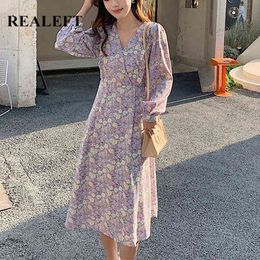 Floral V-neck Summer Dress Elegant French Style Long Sleeve Lace Up High Waist Ladies Spring Dresses Female 210428