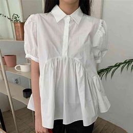 Qooth White Blouse Short Sleeve Korean Shirts Loose Casual Student Elegant Tops Summer Black OL Blouses qt037 210518