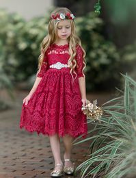 2021 Bohemian Flower Girls Dresses Half Sleeves Beaded Sash Burgundy Navy-Blue Lace Rustic First Communion Gowns for Little Kids Infant Toddler Birthday Knee-Length