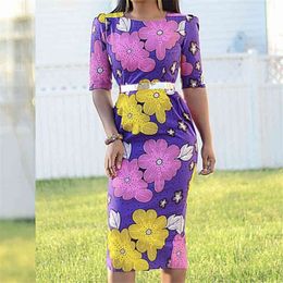 Women Purple Printed Bodycon Dress Short Sleeves Office Ladies Work Wear Slim Femme Vestido Modest African Large Size Lady Robes 210416