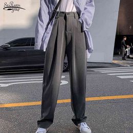 Fall Chic Loose Solid Slim Full Length Wide Leg Pants Plus Size Fashion Straight Brief Slender Casual High Waist Women 9756 210521