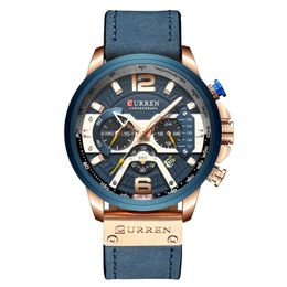 Curren 8329 Casual Sportuhren für Männer blaue Top-Marke Luxus Militär Leder Armbanduhr Mannuhr Chronograph Armbanduhr 6 Analog Quarz 3 kleine echte Zifferblätter