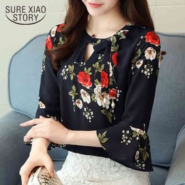 Spring Long Floral Casual Lady Chiffon Shirts Three Quarter Flare Sleeved Blouses Women Tops D539 35 210415