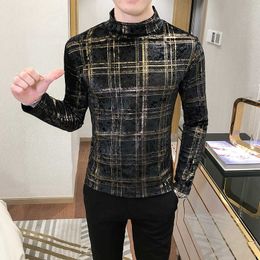 Luxury Golden Plaid Velvet Men T-shirt Turtleneck Tops Casual Slim Fit Vintage T Shirts Long Sleeve Streetwear Tees Men Clothing 210527