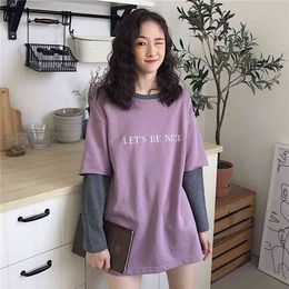 Women's Long-sleeved Shirt Spring Autumn O-neck Loose Letter Shirts Korean Two-piece Woman Wild Female Small Fresh Tops GX028 210507