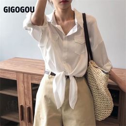 GIGOGOU Loose Casual White Shirts for Women Turn Down CollarFemale Top Blouse Spring Summer BF Korean Style Blusaa Pockets 210715