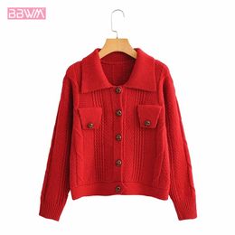 Korean Style Lapel Long Sleeve Single Breasted Slim Knit Women's Sweater Harajuku College Style Stylish Red Chic Female Cardigan 210507