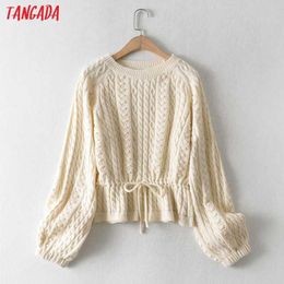 Tangada Women Fashion Elegant Beige Twist Knitted Sweater jumper O Neck Female Tunic Pullovers Chic Tops AI53 210609