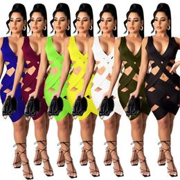 Plus size S-3XL Women sexy skinny dresses hollow out v neck sleeveless mini skirts summer clothing fashion seven Colours solid Colour dress 4753