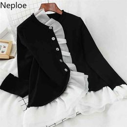 Fashion Contrast Color Patchwork Lace Ruffles Sweater O Neck Pullover Single Breast Design Pull Femme Spring Elegant 210422