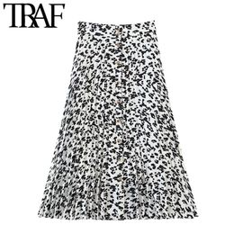 TRAF Women Chic Fashion Leopard Print Button-up Midi Skirt Vintage High Waist With Lining Female Skirts Mujer 210415